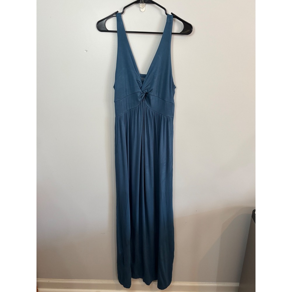 KicKee Women's Maxi‎ Dress V Neck Sleeveless Blue Knit Twist Front Casual